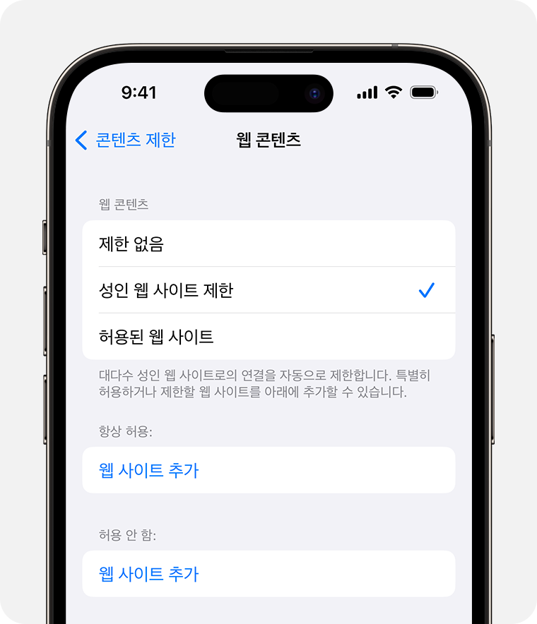 유해 콘텐츠 차단을 위한 '웹 콘텐츠' 옵션을 보주는 iPhone 화면