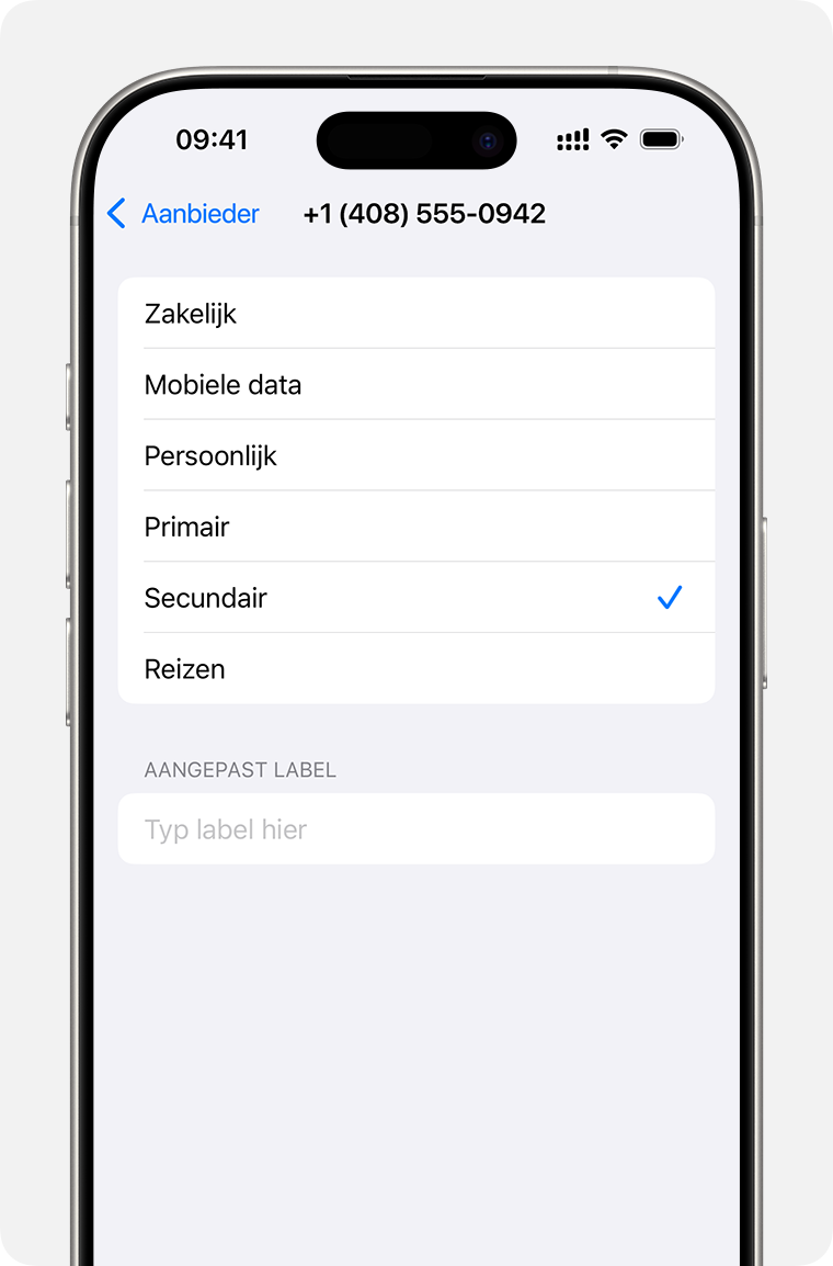 Configuratiemenu voor dual-e-sim met een lijst met labels voor mobiele abonnementen