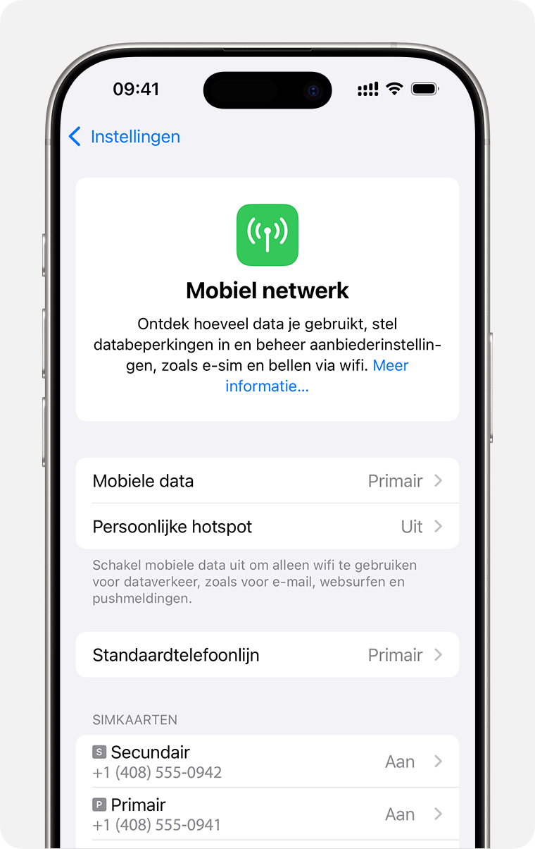 iPhone-scherm voor het beheren van mobiele instellingen voor de verschillende abonnementen