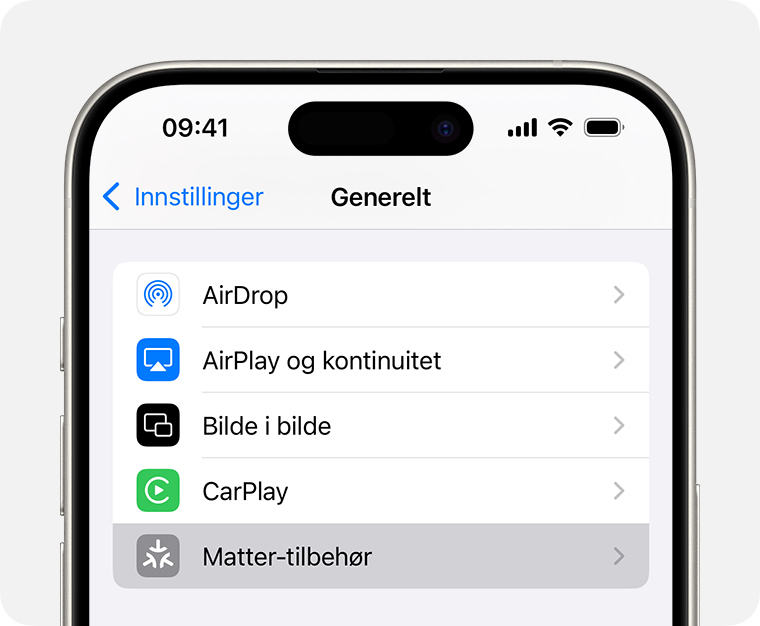 Matter-tilbehør under Innstillinger > Generelt på iPhone