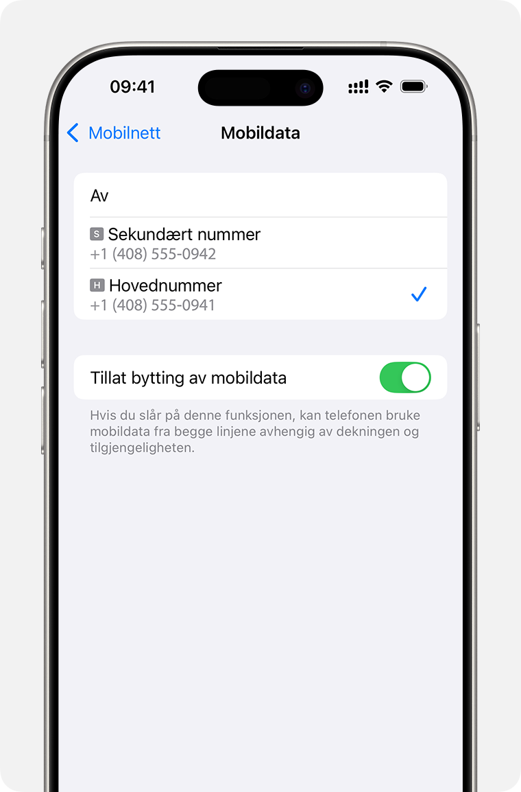 Innstillinger for mobildata på iPhone (hvilket nummer bruker mobildata eller slå på Tillat bytting av mobildata).