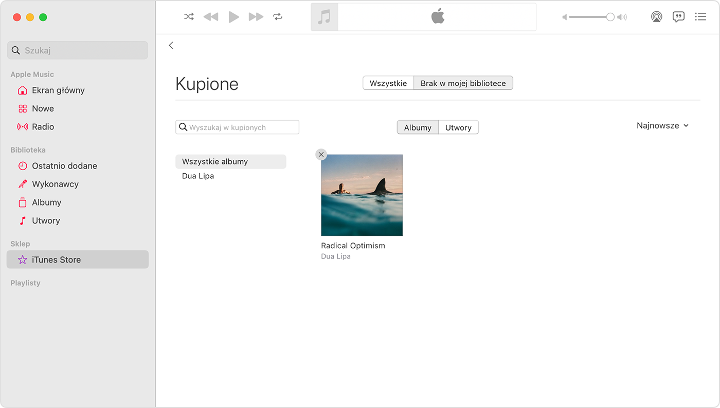 Aplikacja Apple Music na Maca wyświetla przycisk Ukryj zakupy nad zakupionym elementem