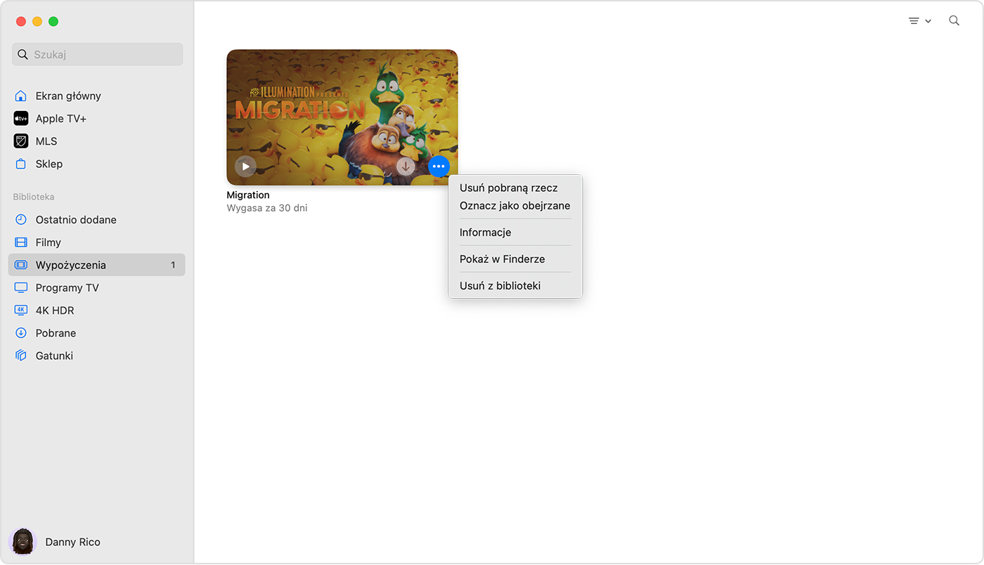 Apka Apple TV na Maca wyświetla menu przycisku Więcej nad zakupionym elementem