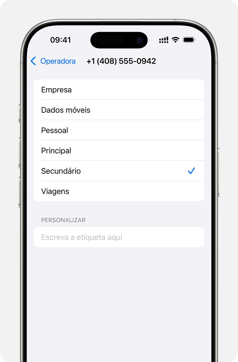 Menu de configuração do Dual eSIM com lista de etiquetas de palnos de serviços móveis