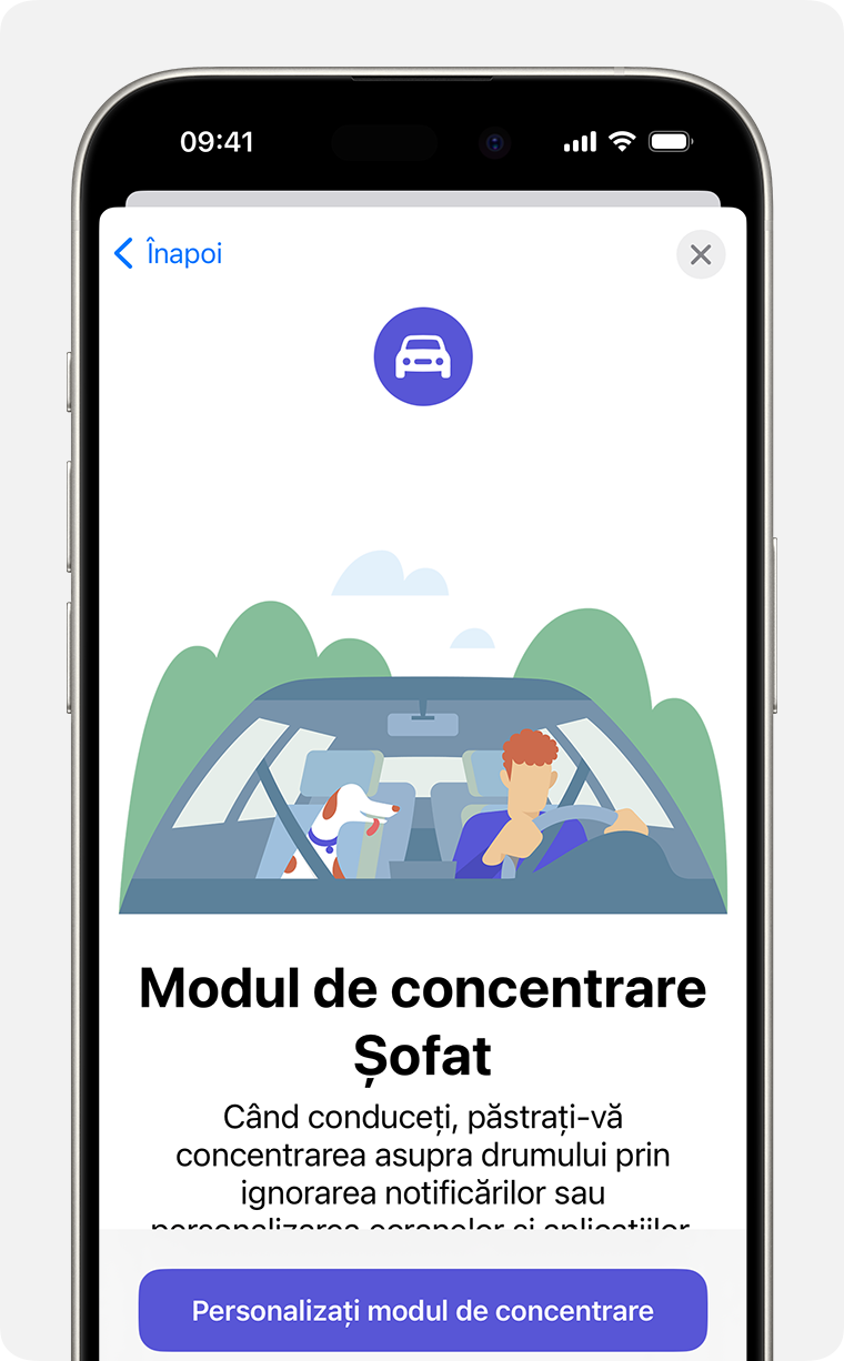 Ecranul inițial de configurare a Modului de concentrare Șofat în Configurări > Concentrare