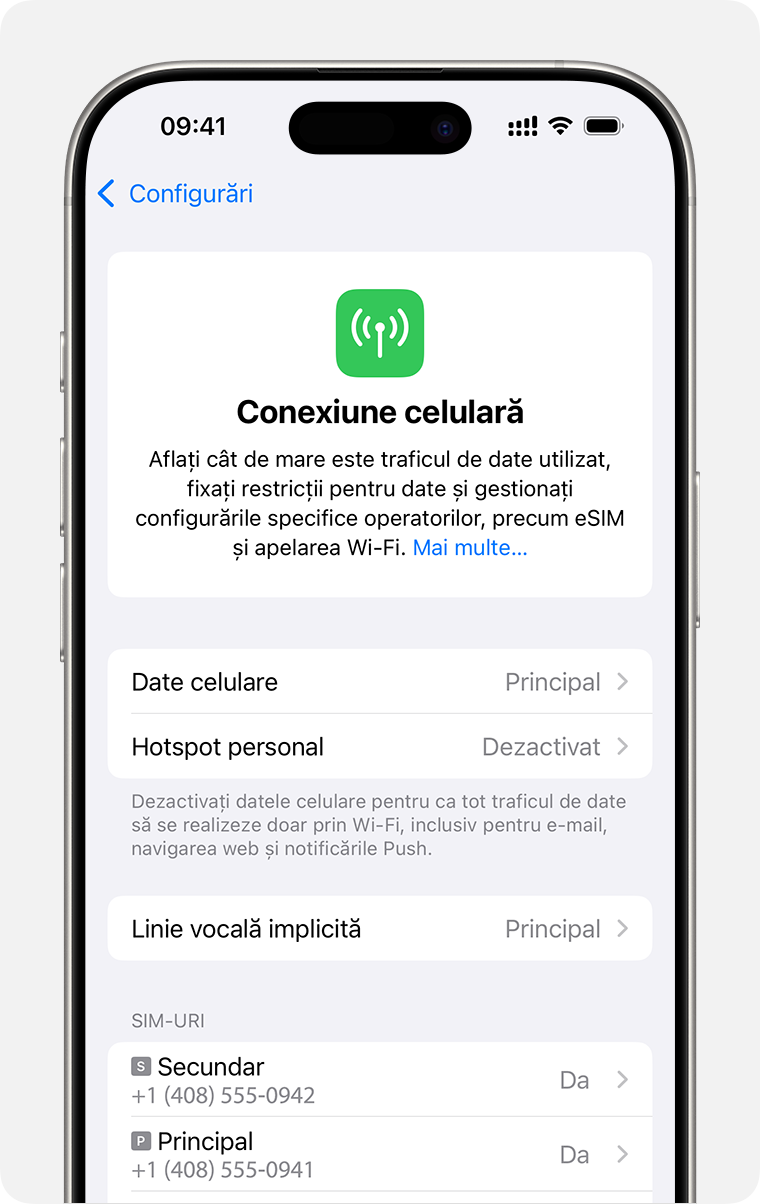 Ecranul iPhone pentru gestionarea configurărilor celulare pentru fiecare dintre planurile tale