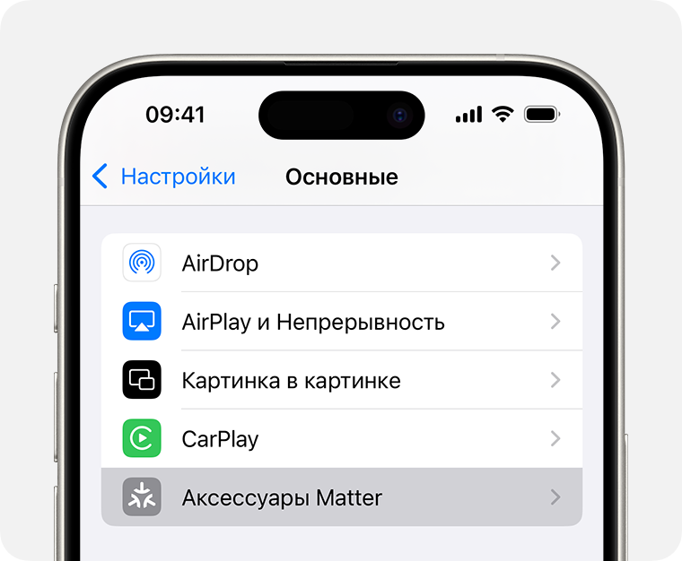 Раздел «Аксессуары Matter» в меню «Настройки» > «Основные» на iPhone