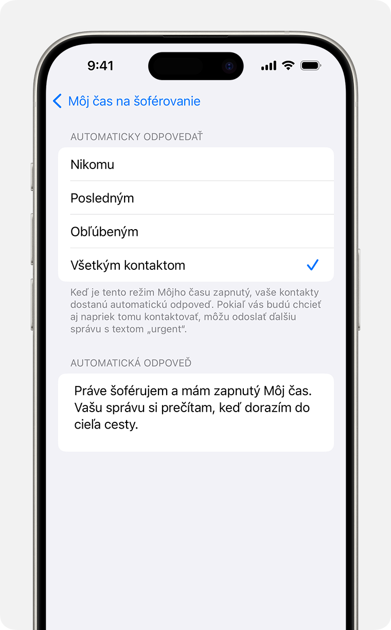 Nastavenie automatickej odpovede pre Môj čas na šoférovanie v Nastaveniach &; Môj čas &; Automatická odpoveď