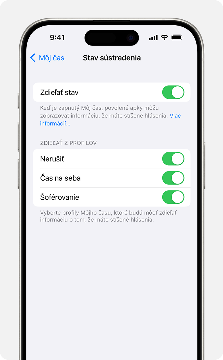 Nastavenia zdieľania stavu Môjho času v Nastaveniach &; Môj čas &; Stav Môjho času