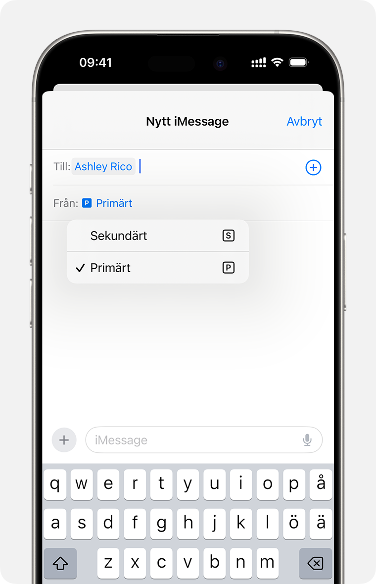 Val av telefonlinje som iMessage- eller SMS-/MMS-meddelanden ska skickas från vid dubbla eSIM-kort