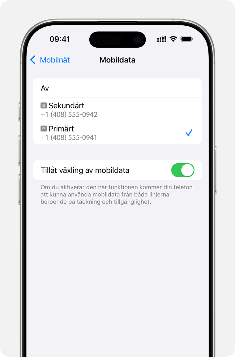 Mobildatainställningarna i iPhone där du kan ställa in vilket nummer som ska använda mobildata eller aktivera Tillåt växling av mobildata.