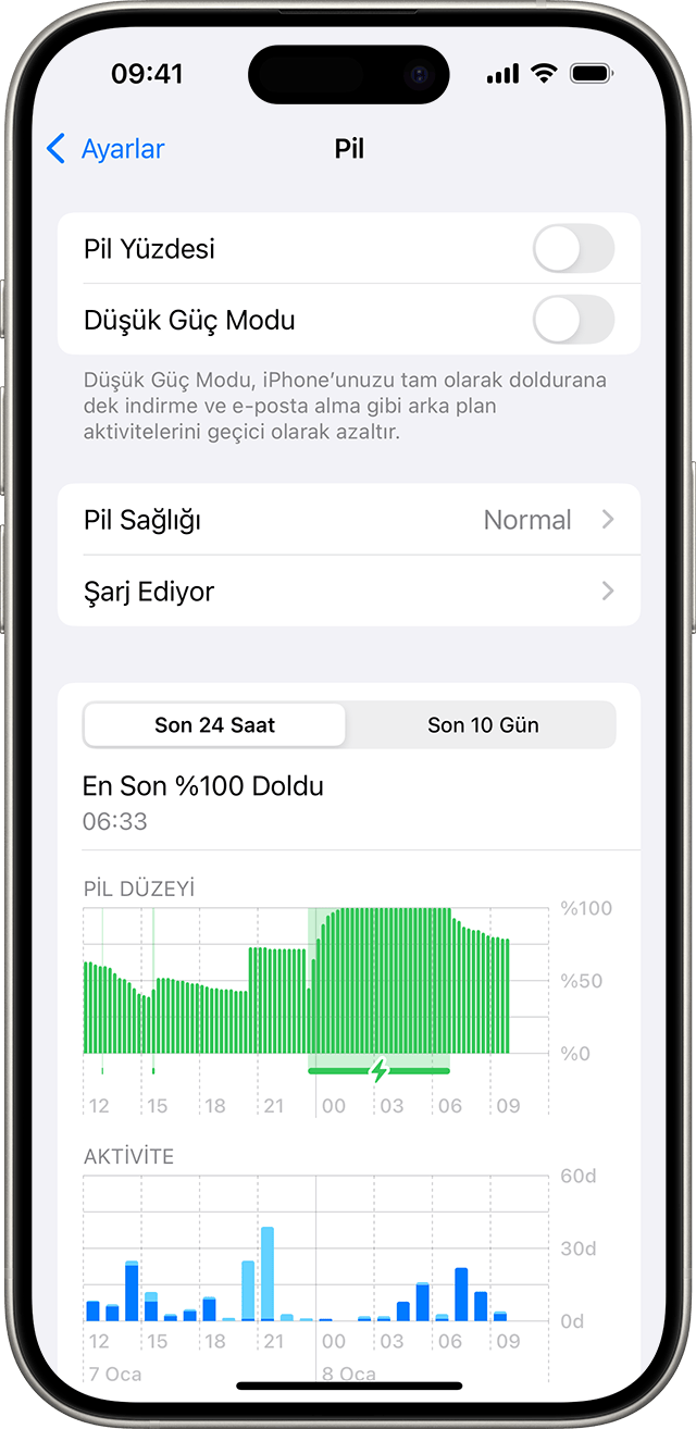 Ayarlar'da Pil ekranını gösteren iPhone