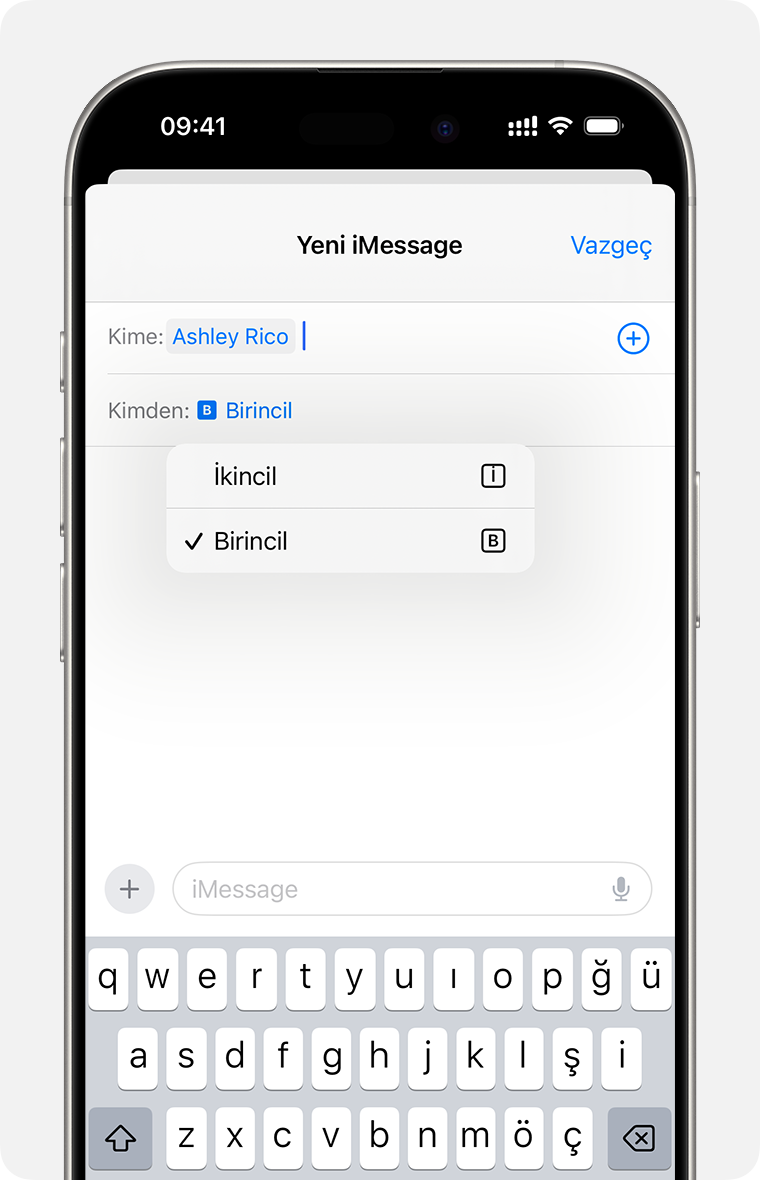 iMessage veya SMS/MMS mesajı göndermede kullanılacak, çift eSIM ile seçilen hat