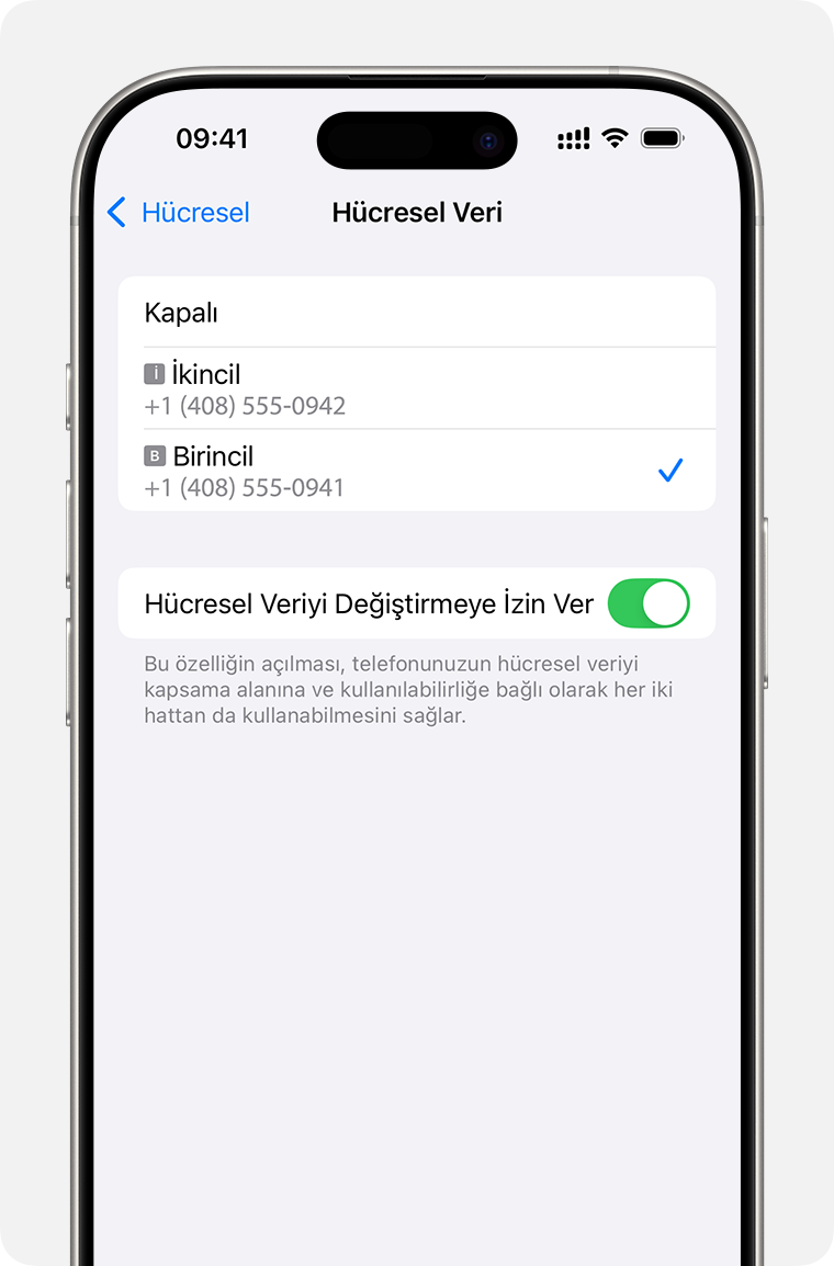 Hangi hattın hücresel veri kullandığını veya Hücresel Veriyi Değiştirmeye İzin Ver özelliğini etkinleştirdiğini belirleyen iPhone hücresel veri ayarları.