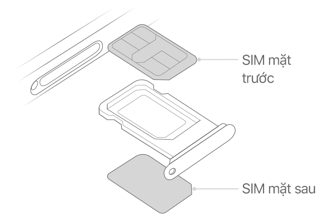 Hình minh họa vị trí thẻ SIM trong khay SIM đối với SIM kép trên iPhone