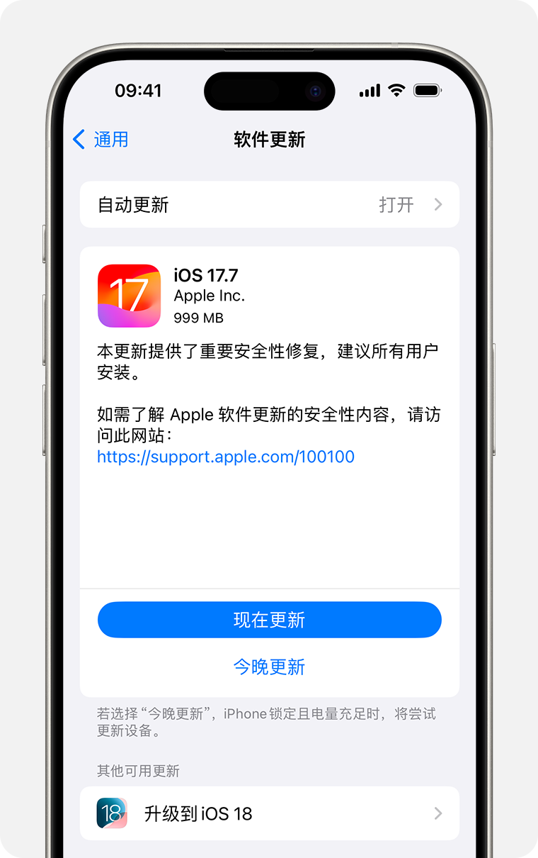 iPhone 上显示了“软件更新”屏幕。“立即更新”选项已被选中。