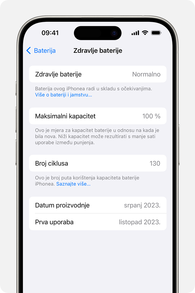 Zaslon Stanje baterije prikazuje stanje baterije, maksimalni kapacitet, broj ciklusa, datum proizvodnje i datum prve uporabe.