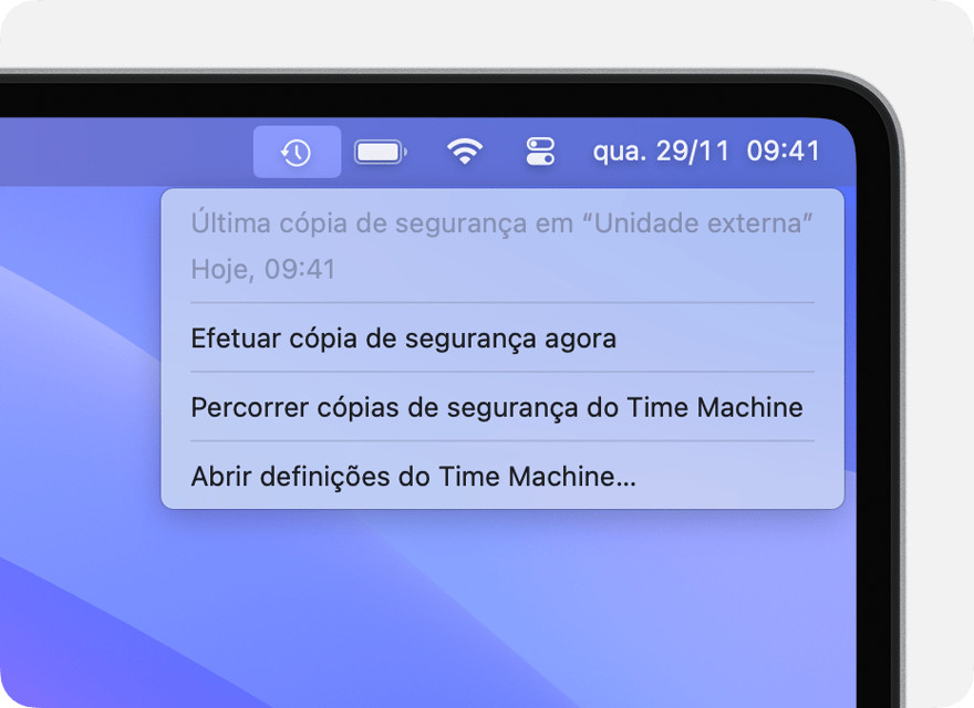 Menu do Time Machine a mostrar detalhes sobre a cópia de segurança mais recente