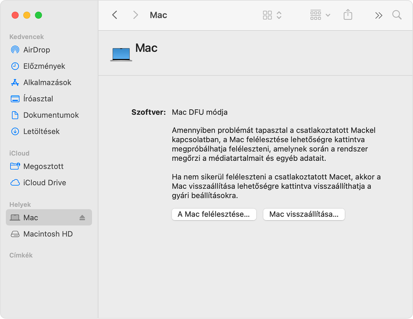 A Finder ablakában a „Mac” felirat látható az oldalsávon