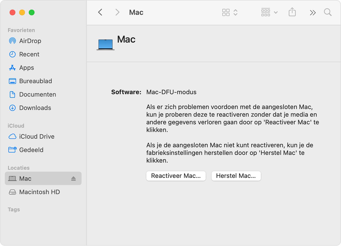 Finder-venster met 'Mac' geselecteerd in de navigatiekolom