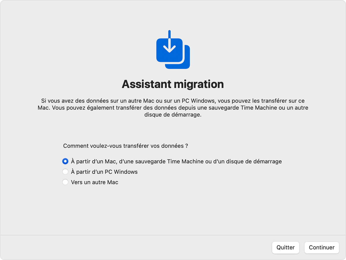 Assistant migration : Comment voulez-vous transférer vos informations?