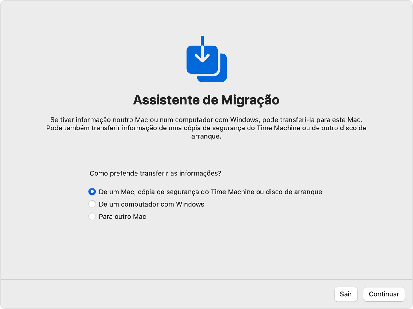 Assistente de migração: como pretende transferir as informações?