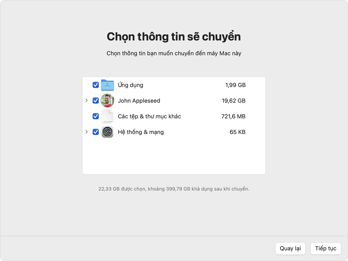 Trợ lý di chuyển: Chọn thông tin để chuyển