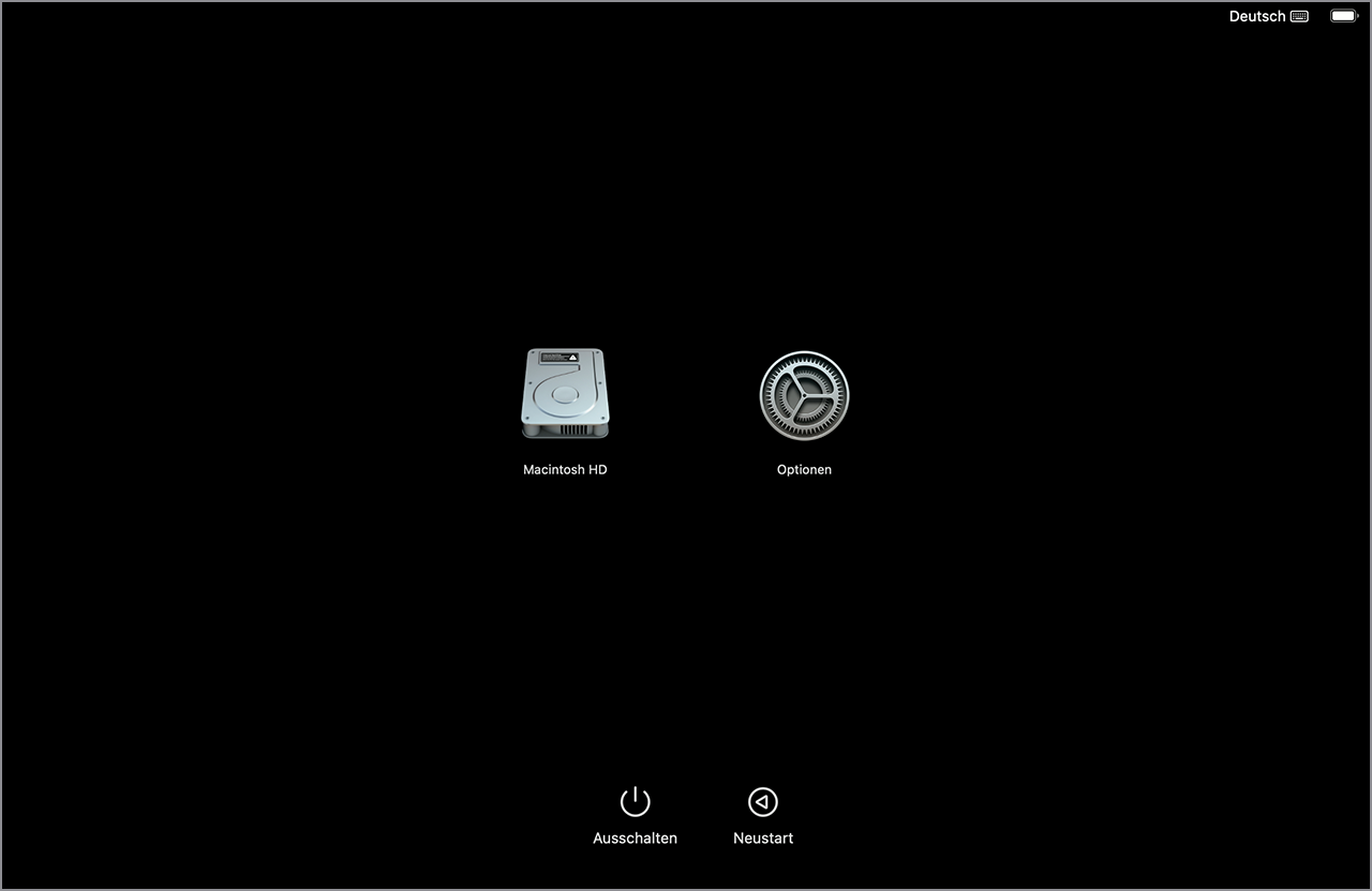 Bildschirm mit macOS-Startoptionen mit Symbolen "Macintosh HD" und "Optionen"