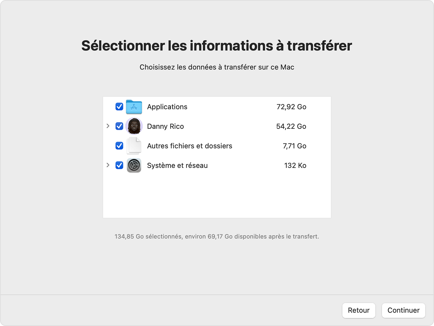 L’Assistant migration affiche les différentes catégories d’informations.