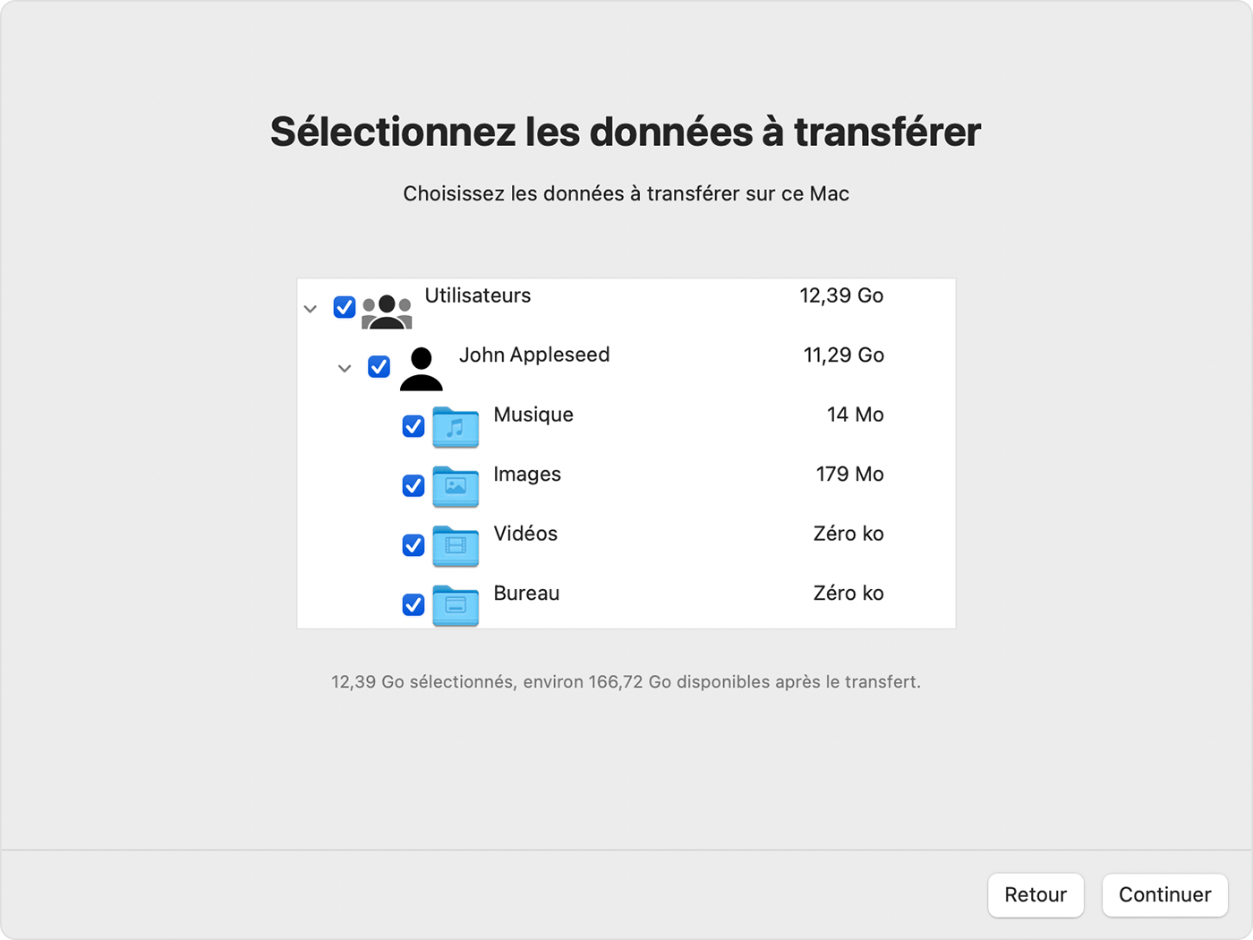 Assistant migration sur Mac : sélectionner les informations à transférer