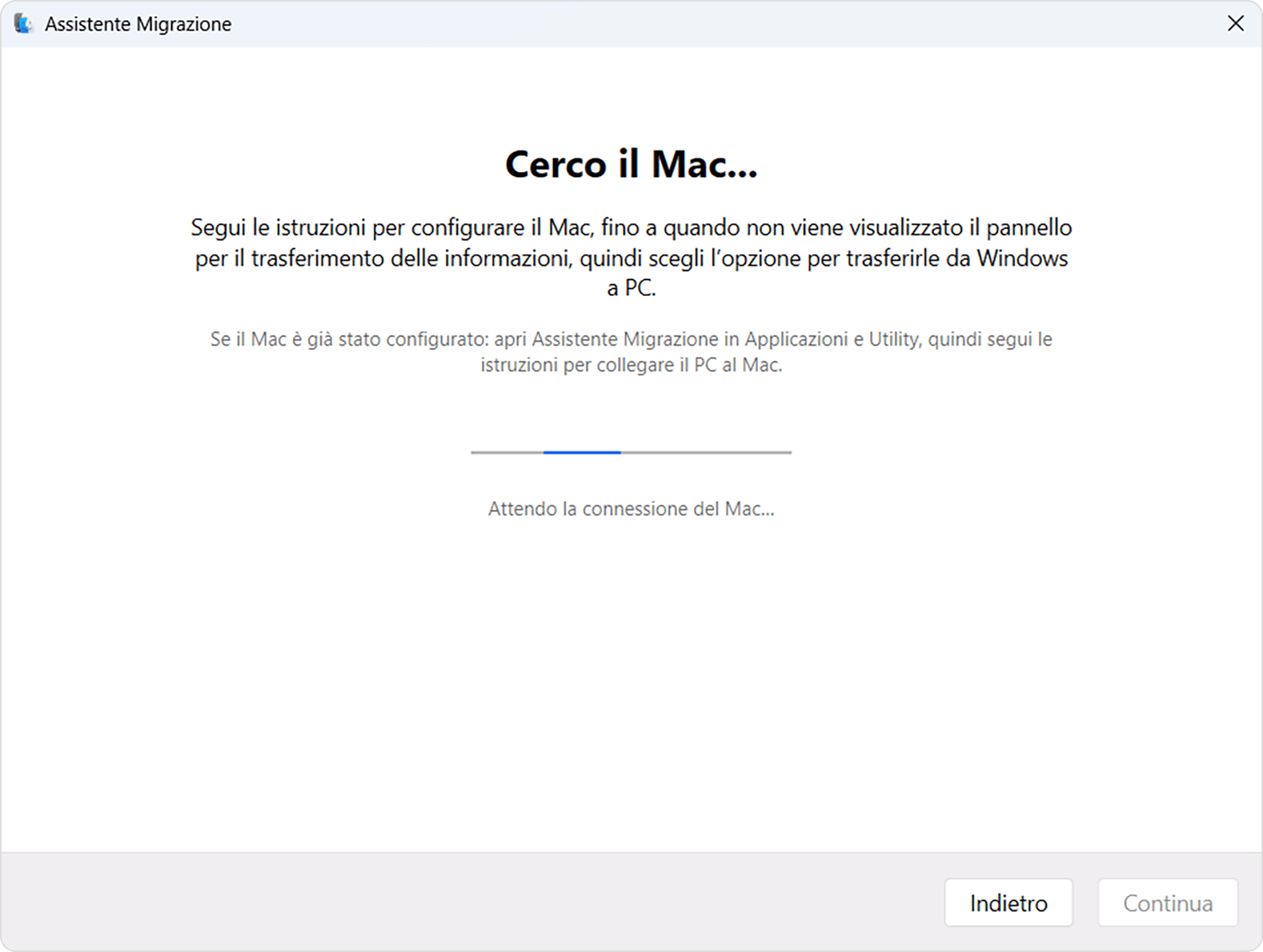 Assistente Migrazione su PC: Looking for Mac... (Cerco il Mac...)
