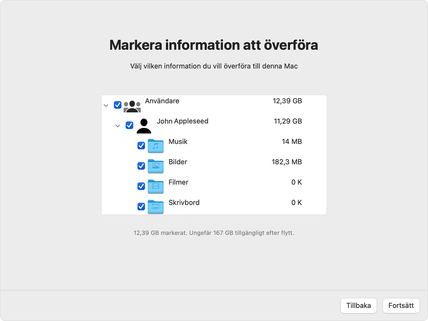 Flyttassistent på Mac: Välj information att överföra