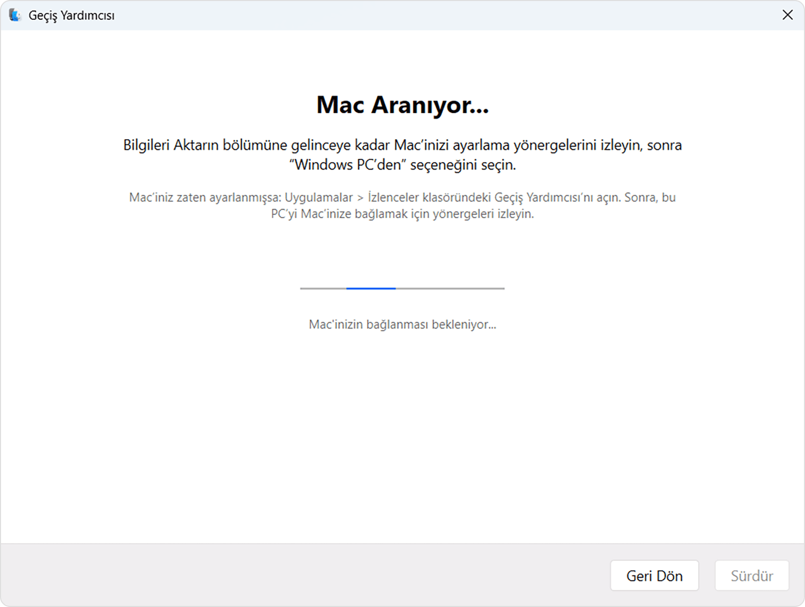 PC'de Geçiş Yardımcısı: Mac aranıyor...