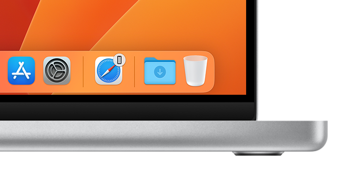 macOS 中的程序坞，其中显示了一个用于接力的 Safari 浏览器图标
