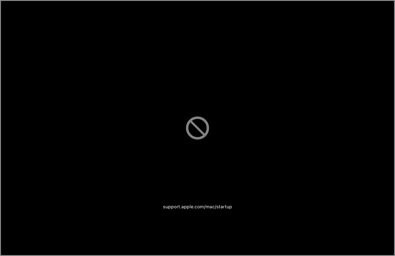 macOS-Startbildschirm mit Verbotssymbol und URL: support.apple.com/mac/startup