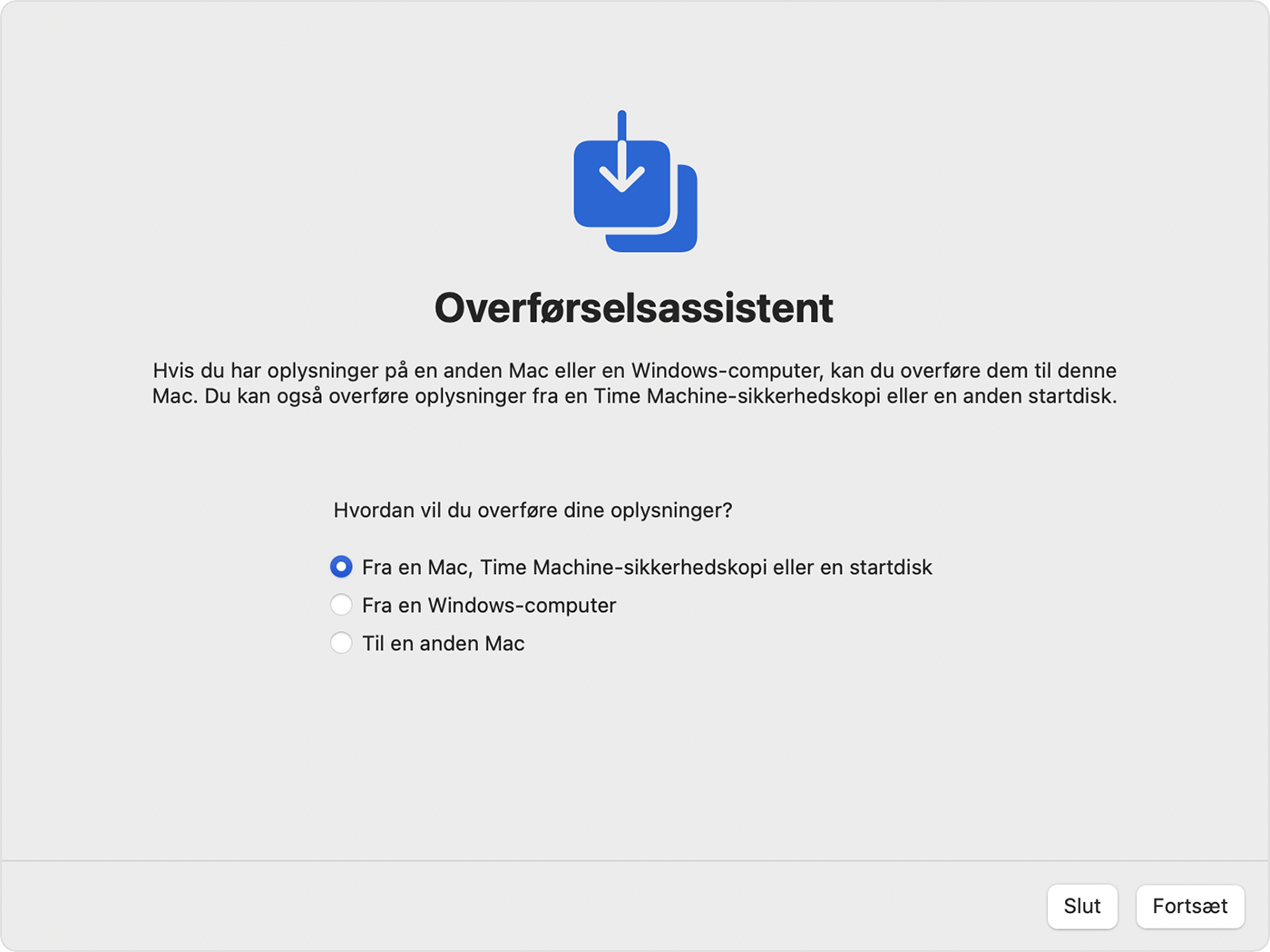 Overførselsassistent med indstillingen "Fra en Mac, Time Machine-sikkerhedskopi eller startdisk" valgt.
