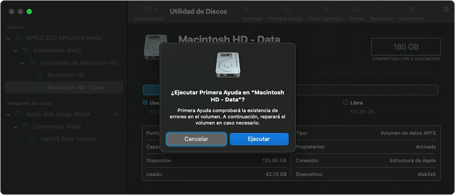 Utilidad de Discos: ¿ejecutar Primera Ayuda?