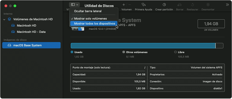 Utilidad de Discos: mostrar todos los dispositivos