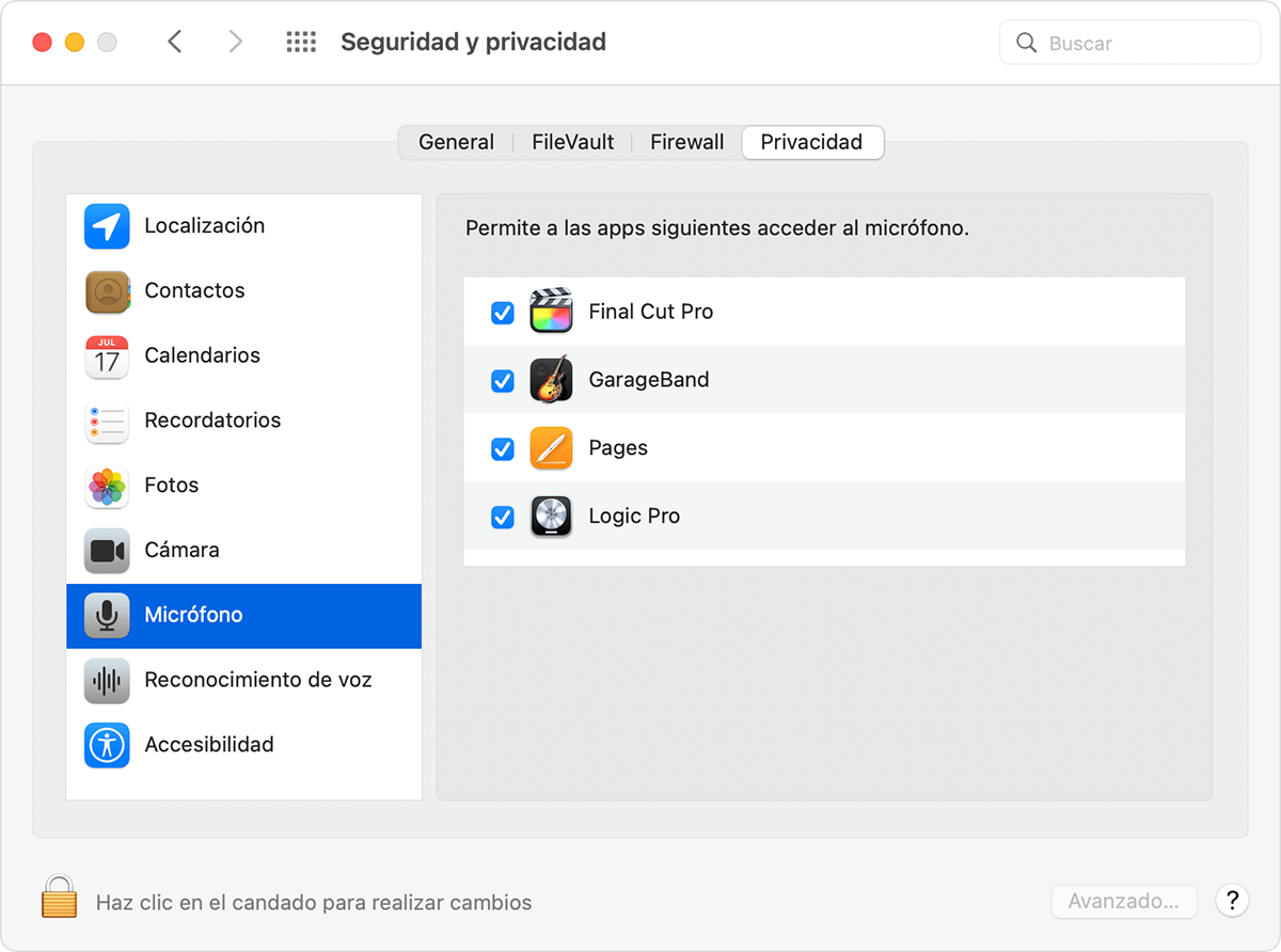 Preferencias de seguridad y privacidad de macOS en la pestaña Privacidad con el micrófono seleccionado