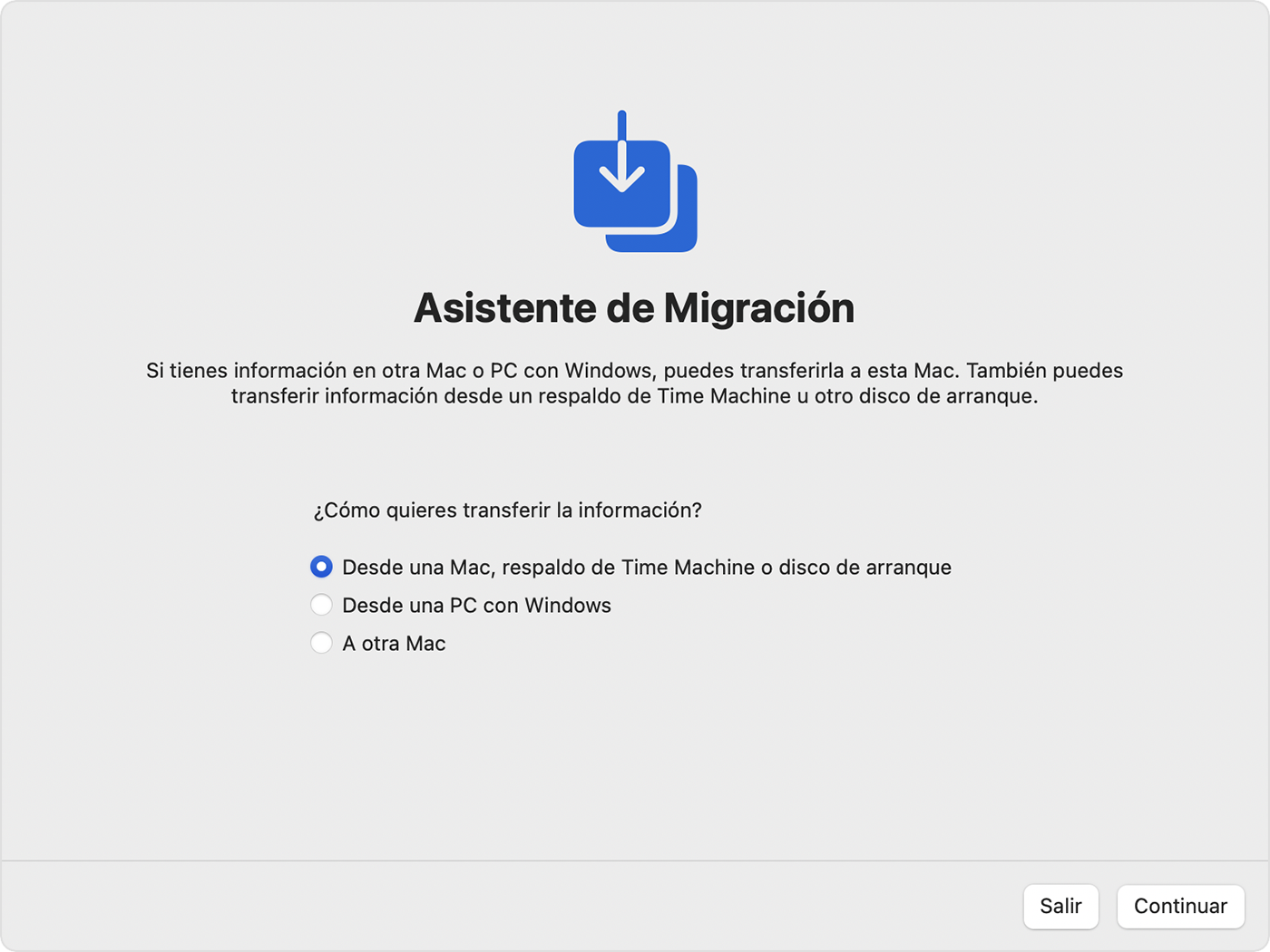 El Asistente de Migración con la opción “Desde una Mac, respaldo de Time Machine o disco de arranque” seleccionada.