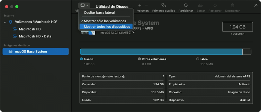 Utilidad de Discos: Mostrar todos los dispositivos