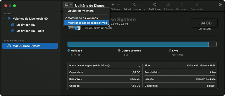 Utilitário de discos: Mostrar todos os dispositivos