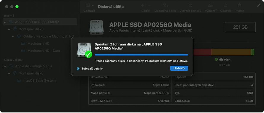 Disk First Aid: proces je dokončený