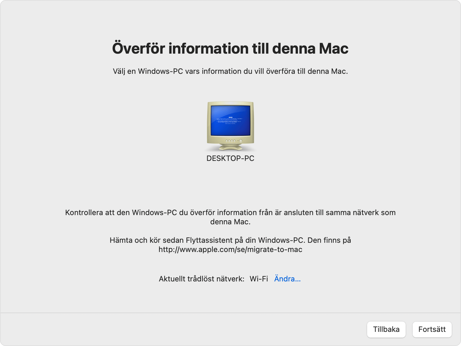 Flyttassistent på pc: Överför information till denna Mac