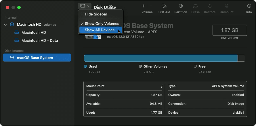 Show All Devices menu item in Disk Utility,.