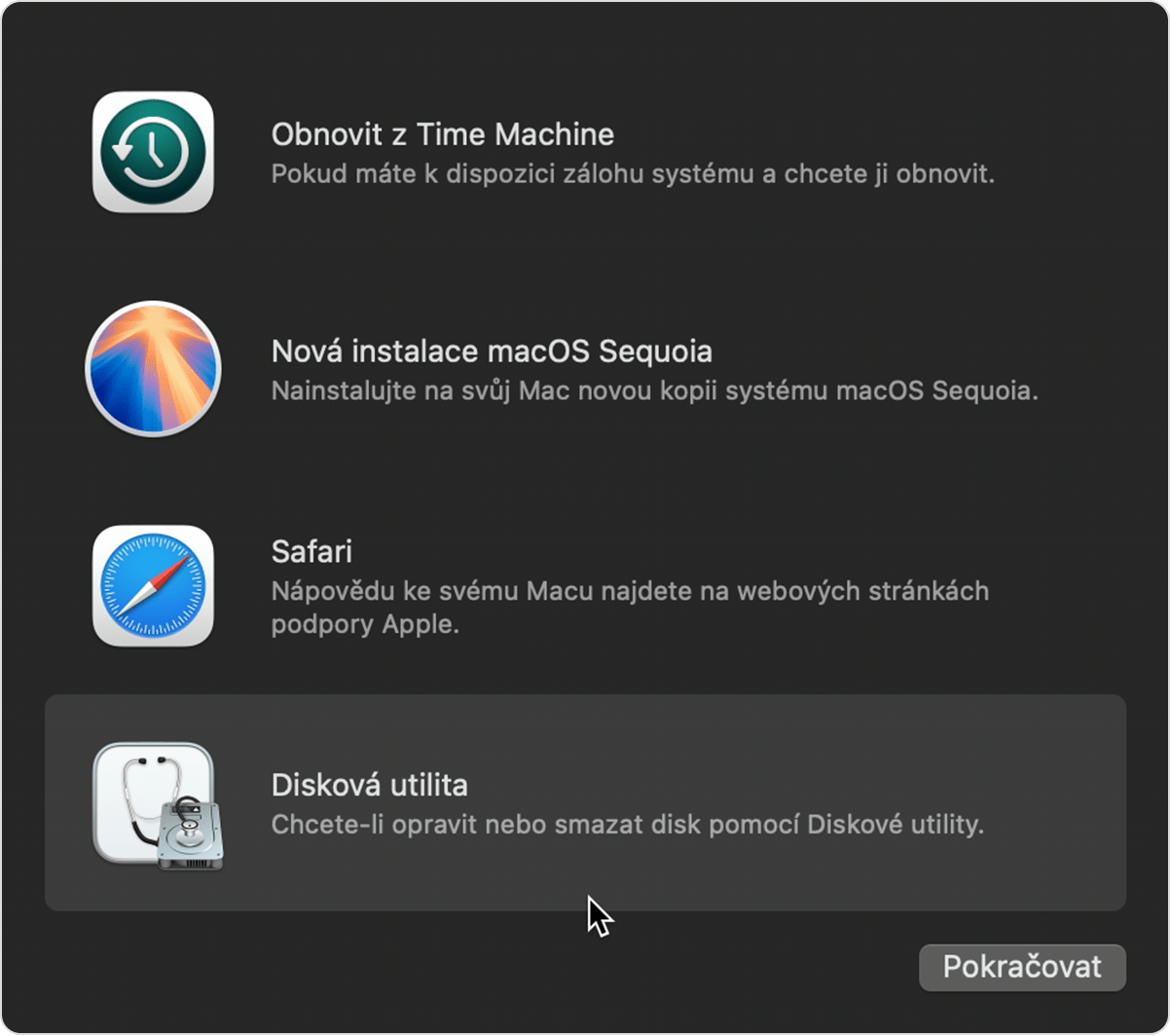 Okno Utility v Zotavení macOS