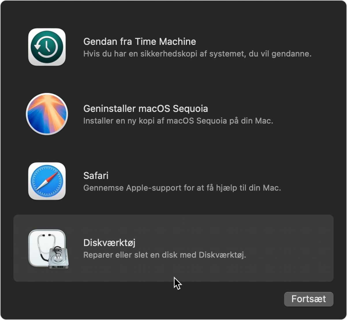 Vindue med hjælpeprogrammer i macOS-gendannelse