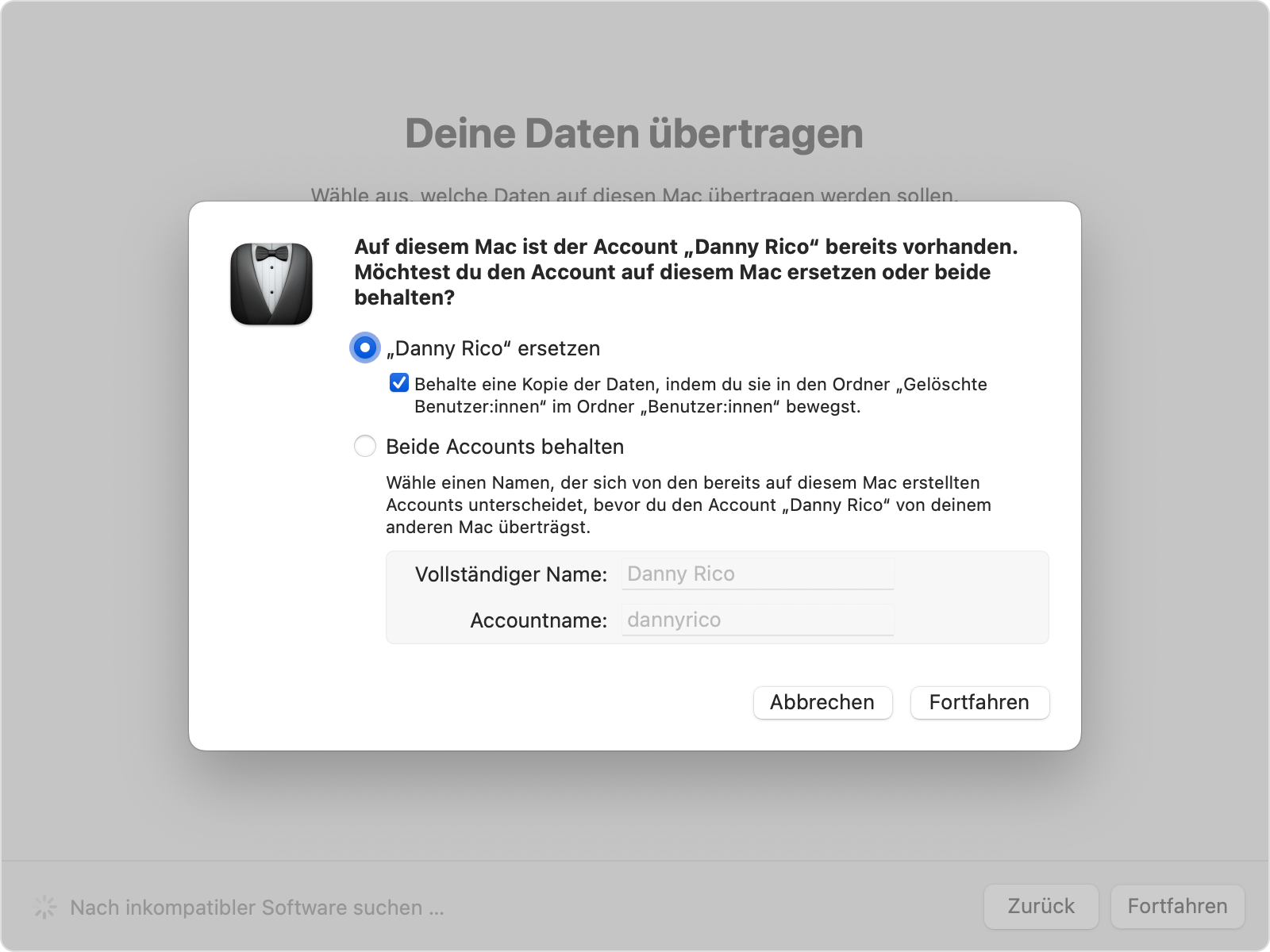 Der Migrationsassistent zeigt die Optionen zum Ersetzen oder Beibehalten eines vorhandenen Accounts.
