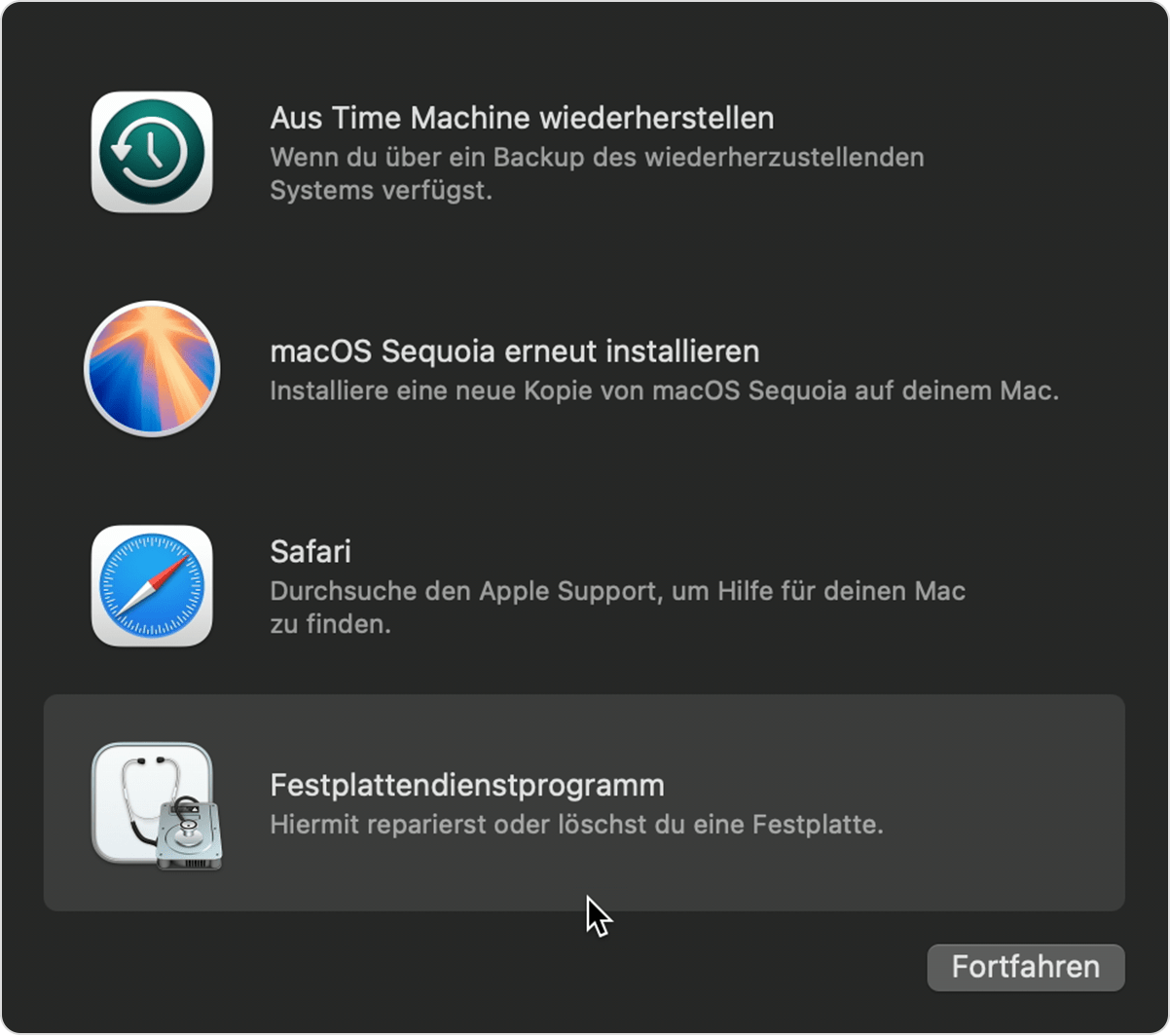 Fenster mit den Dienstprogrammen der macOS-Wiederherstellung