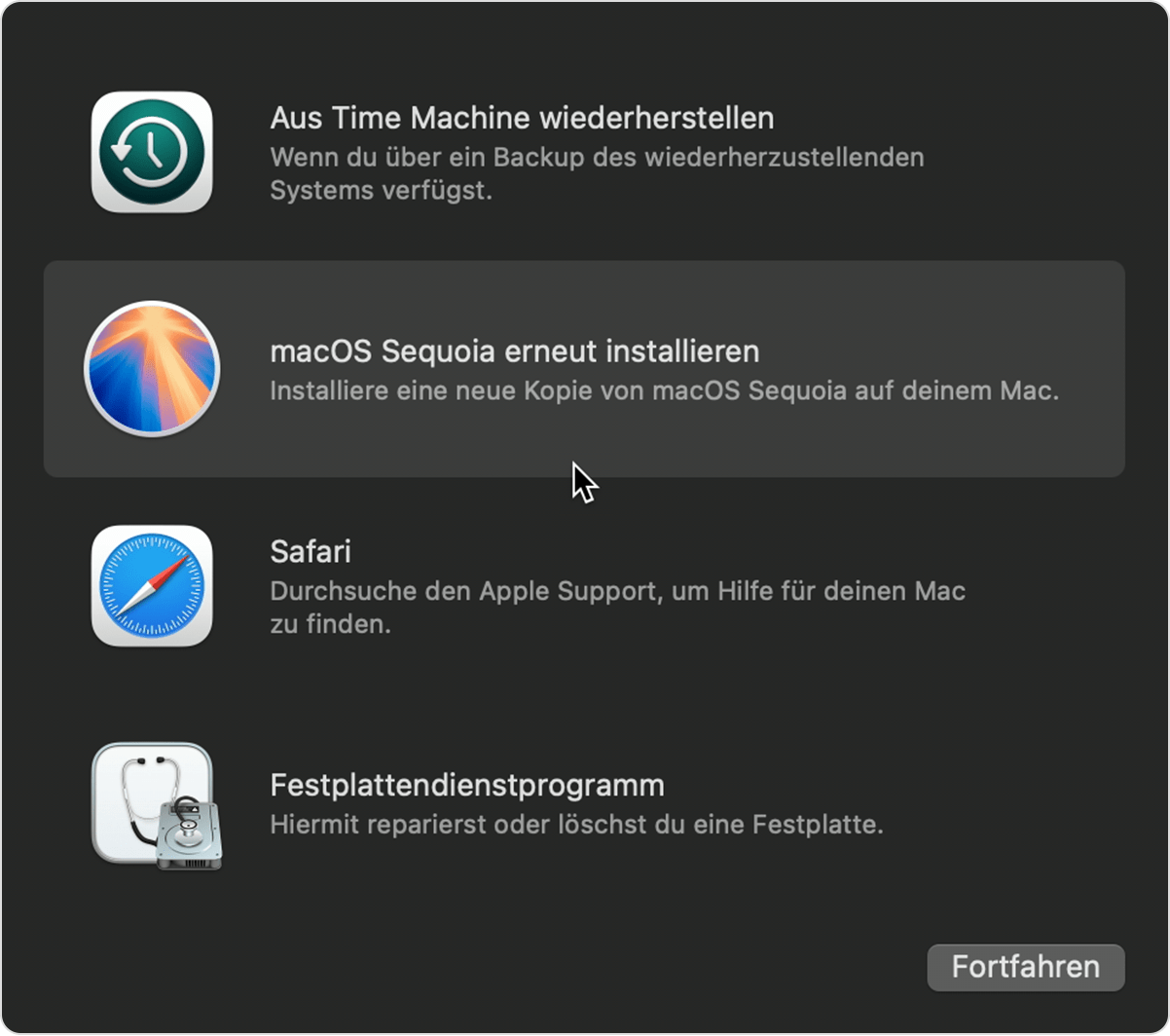 Fenster mit den Dienstprogrammen der macOS-Wiederherstellung